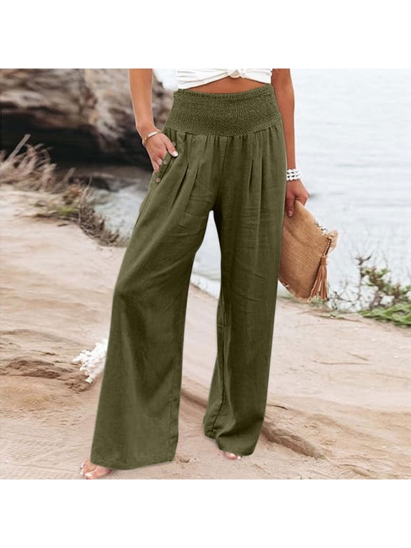 Wide Leg Linen Pants for Women Smocked High Waisted Palazzo Pants Lightweight Summer Gauze Boho Beach Pant Green 2XL