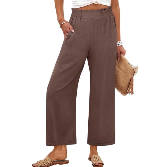 Wide Leg Linen Pants for Women Spring Summer Trendy Ruffled Elastic Waist Loose Casual Trousers with Pockets (L, Brown)