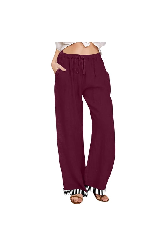 Wide Leg Linen Pants for Women Striped Palazzo Beach Pants with Pockets Drawstring Waist Loose Lounge Slacks Wine, L
