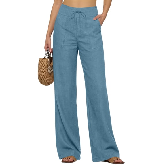 Wide Leg Linen Pants for Women Summer Casual High Waisted Drawstring Pants with Pockets Loose Lightweight Lounge Trousers