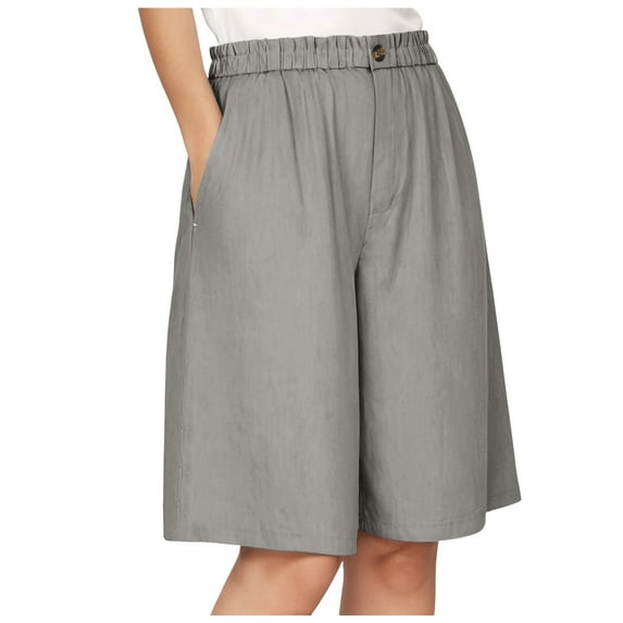 Wide Leg Linen Shorts for Women Elastic High Waisted Pleated Bermuda Shorts,Light Gray,3XL
