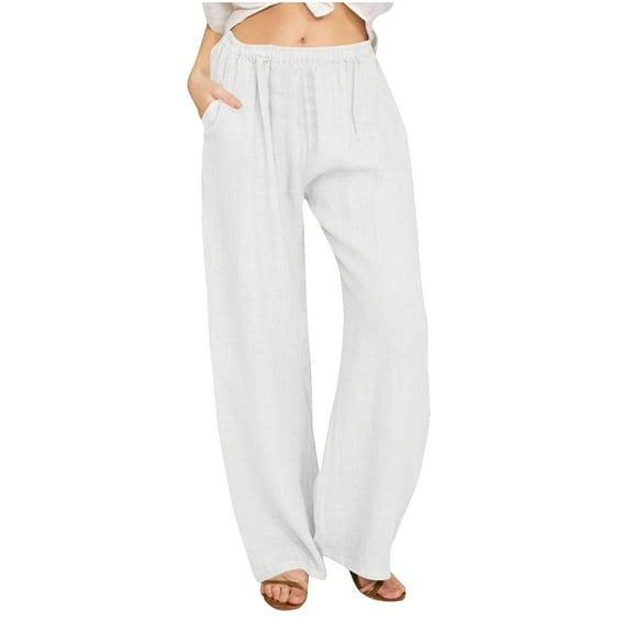 Wide Leg Linen Sweatpants Women Elastic Waist Loose Casual Trousers Solid Color Straight Leg Long Pants