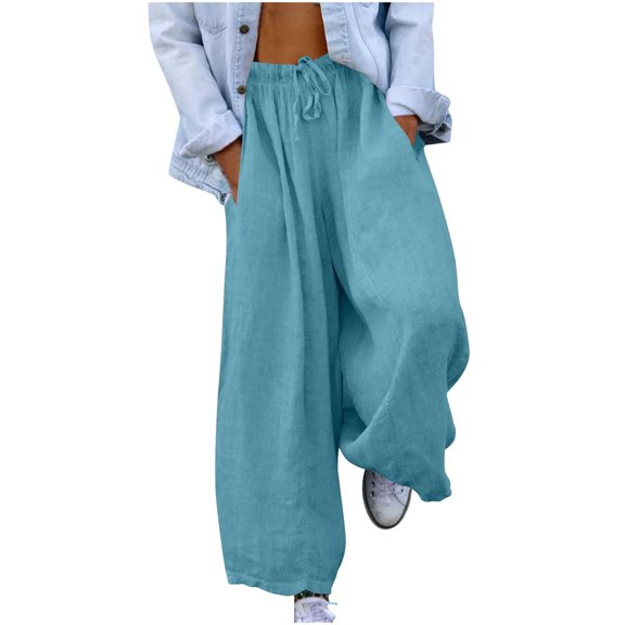 Wide Leg Linen Sweatpants for Women Casual Elastic Waist Trousers Summer Lightweight Comfy Trousers