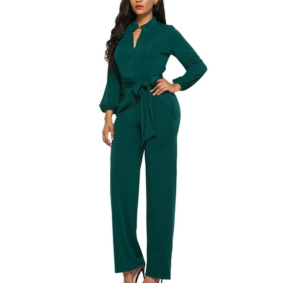 Wide Leg, Long Sleeved, Crewneck, Pockets, Single Breasted, Dark Green, Formal Wear, Women's Size L High Waist Tied Jumpsuit Bienvenido