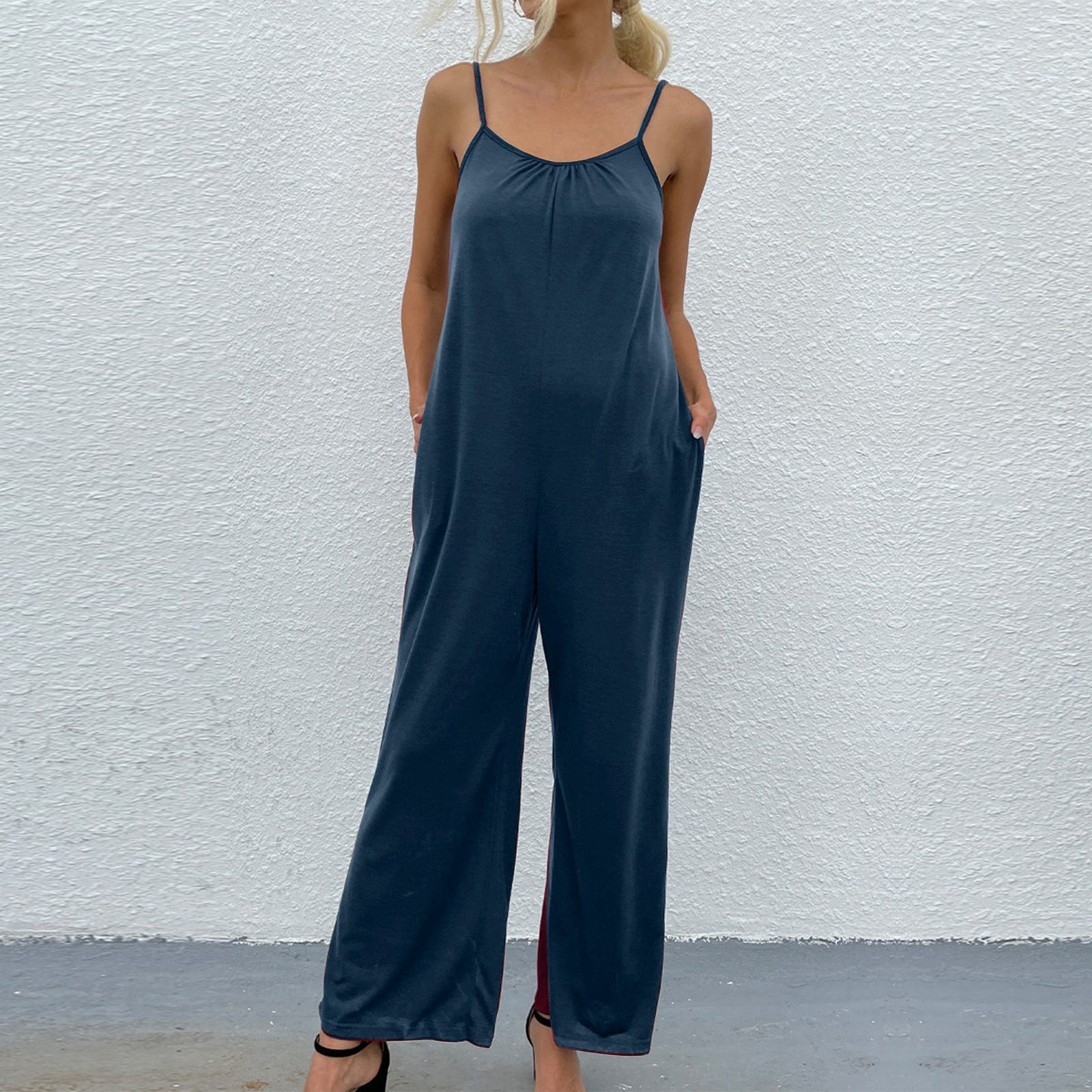 Wide Leg Loose Fit Solid Color Scoop Neck Sleeveless High Waist Rompers ...