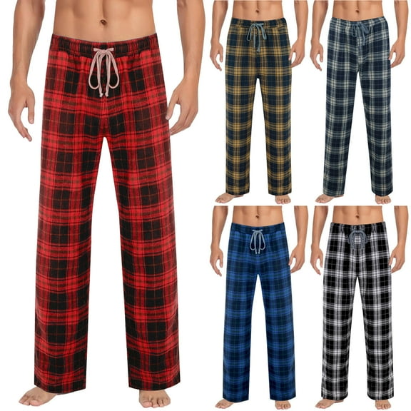 Wide-Leg Lounge Pants for Men Plus Size Plaid Elastic Waist Pockets Lounge Pajama Men's Fashion Casual Loose Leisure Home Trousers Pajama Black XXL
