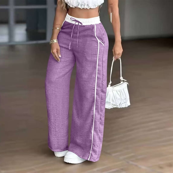 Wide Leg Lounge Pants for Women - Ice Silk Wrinkle Casual Elastic Waist Baggy Track Pants Purple 2XL