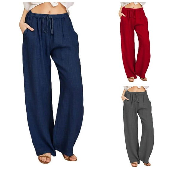 Wide Leg Lounge Pants for Women Summer High Waisted Cotton Linen Palazzo Pants Drawstring Loose Casual Beach Yoga Pant