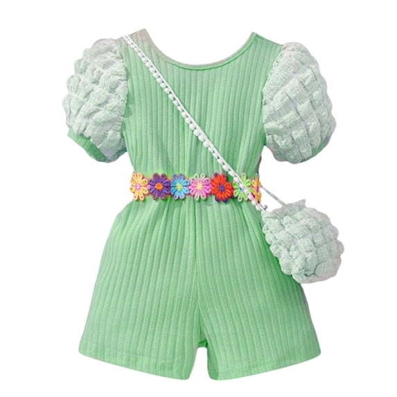 Wide Leg One Piece Overalls on Clearance Toddler Girls Puff Sleeve Romper Ribbed Elastic Jumpsuit Summer One Piece Playsuit with Bag New Green 5 Years