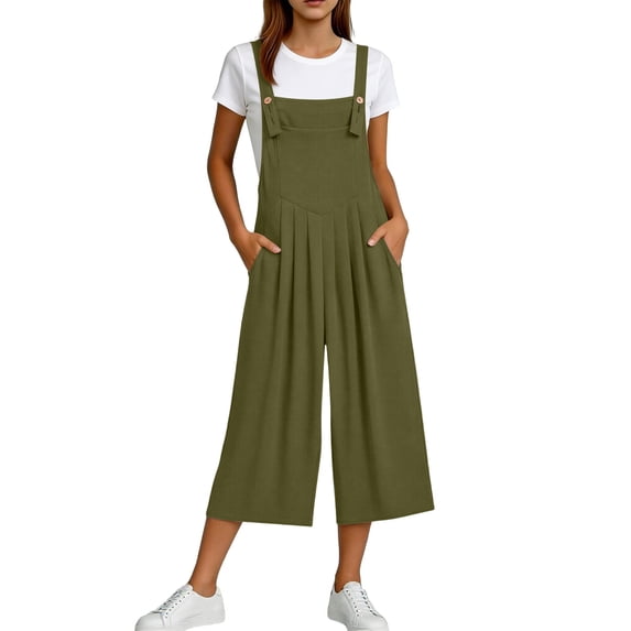 Wide Leg Overalls Bibs for Women Capri Length Pocket Linen Summer Casual Romper Jumpsuits Capris Pants (XL, Army Green)