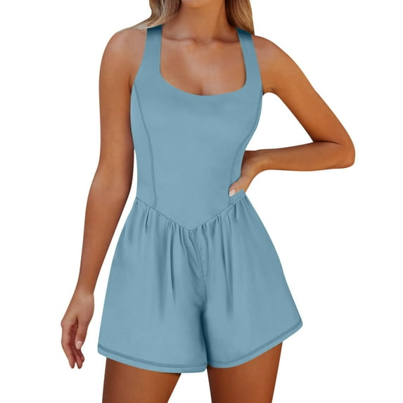 Wide Leg Overalls for Women New Women's Workout Romper Running Onesie Short Athletic Jumpsuits Casual Summer Outfits Gym Yoga Clothes Style B-20 Light Blue L