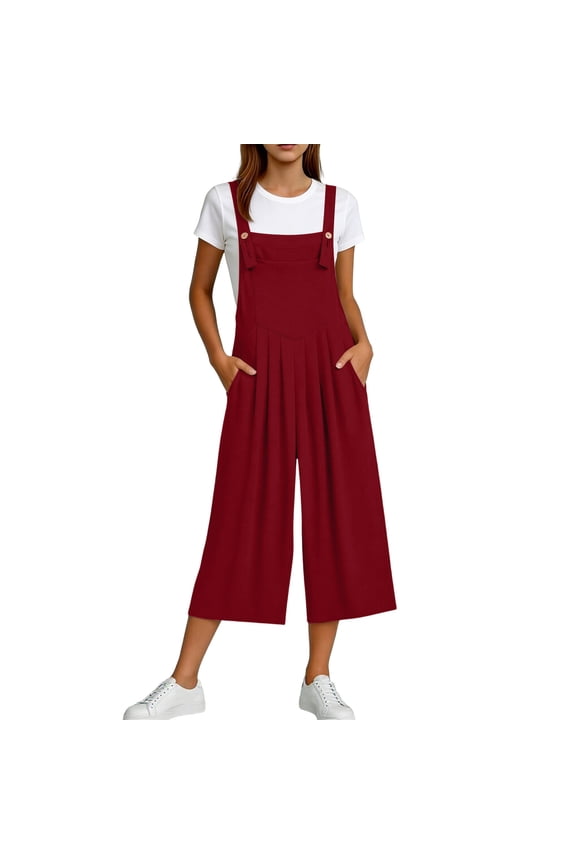 Wide Leg Overalls for Women Adjustable Strap Sleeveless Capri Jumpsuits Casual Summer Loose Rompers with Pockets, M