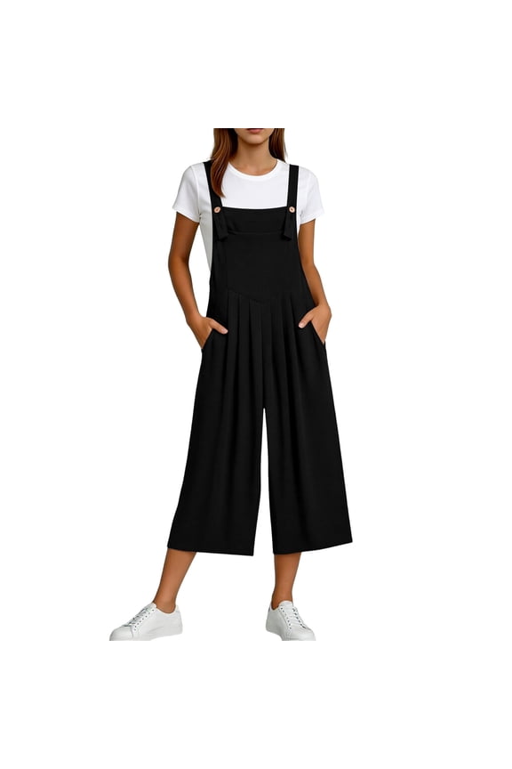 Wide Leg Overalls for Women Adjustable Strap Sleeveless Capri Jumpsuits Casual Summer Loose Rompers with Pockets, M
