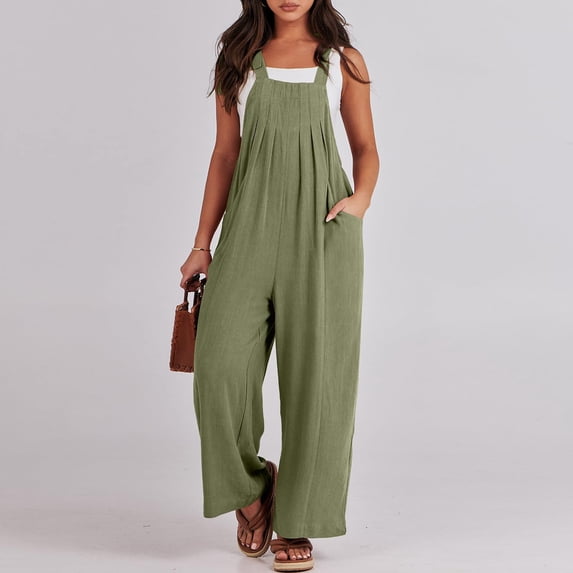 Wide Leg Overalls for Women Loose Fit Casual Sleeveless Linen Jumpsuit Tie Straps Bib Summer Rompers with Pockets Green 3XL