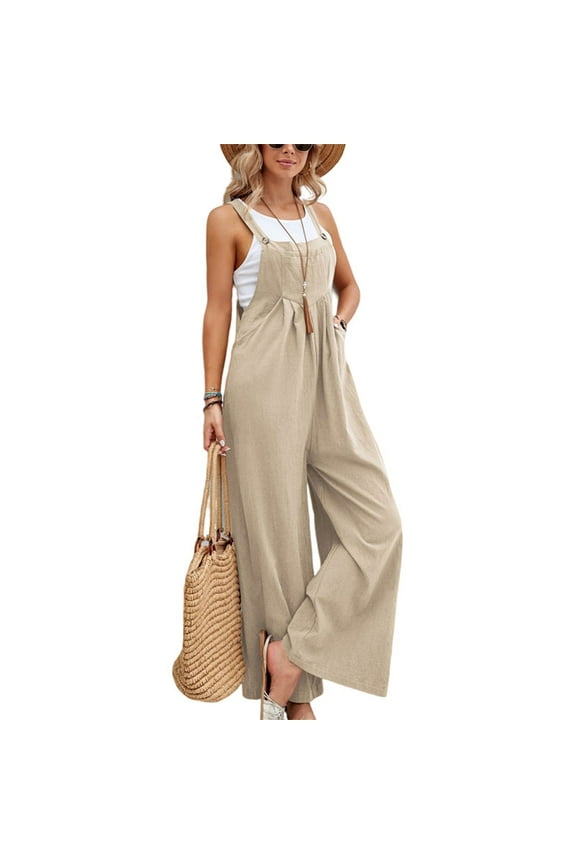 Wide Leg Overalls for Women Loose fit Sleeveless Linen Jumpsuits with Pockets Boho Beach Vacation Clothes Khaki M