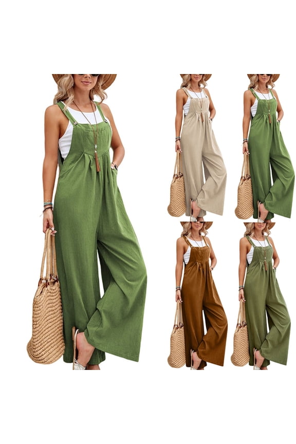 Wide Leg Overalls for Womens Casual Cotton Linen Baggy Loose Maternity Summer Beach Jumpsuits Romper Green M