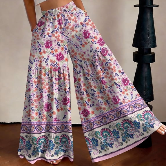 Wide Leg Palazzo Pants for Women Casual Drawstring Flowy Beach Trousers with Pockets Vacation