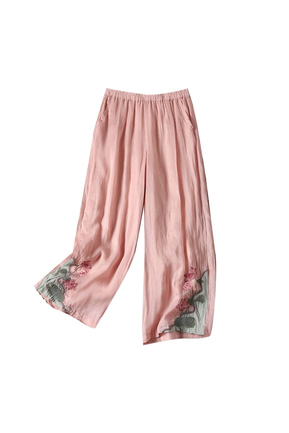 Wide Leg Palazzo Pants for Women Cotton Floral Embroidered Gaucho Pants Elastic Waist Summer Casual Lounge