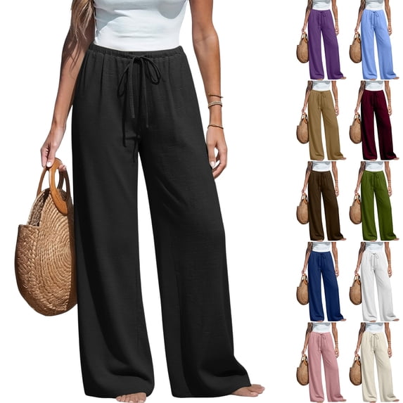 Wide Leg Palazzo Pants for Women Drawstring Elastic Waist Solid Pants Causal Summer Beach Vacation Pants, 2XL