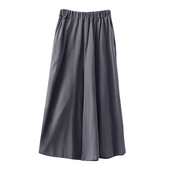 Wide Leg Palazzo Pants for Women Elastic High Waist Casual Loose Comfy Cotton Linen Long Pants Ladies Trousers (Free Size, Dark Gray)