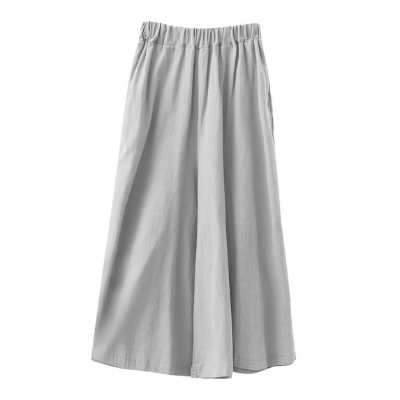 Wide Leg Palazzo Pants for Women Elastic High Waist Casual Loose Comfy Cotton Linen Long Pants Ladies Trousers (Free Size, Gray)
