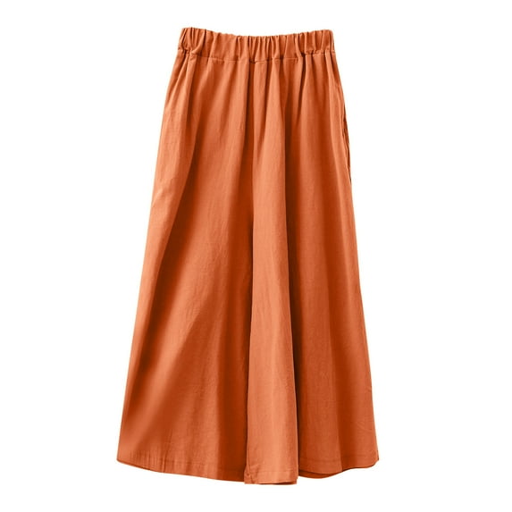 Wide Leg Palazzo Pants for Women Elastic High Waist Casual Loose Comfy Cotton Linen Long Pants Ladies Trousers (Free Size, Orange)