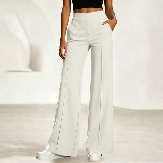 Wide Leg Palazzo Pants for Women Elastic Waist Summer Work Trousers Straight Leg Dressy Pants with Pockets Teacher Outfits M
