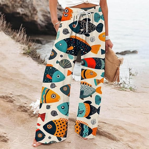 Wide Leg Palazzo Pants for Women Elastic Waist Wide Leg Relaxed Fit Casual Trousers with Drawstring