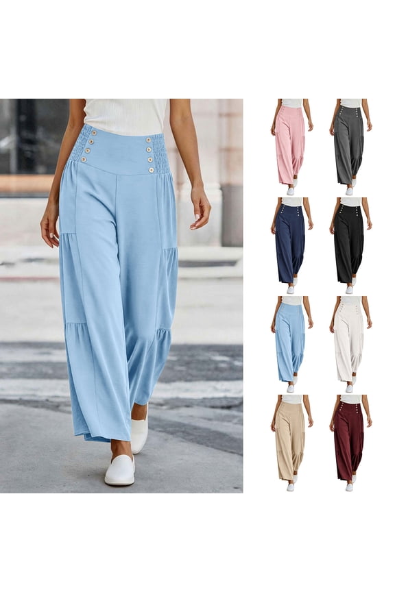 Wide Leg Palazzo Pants for Women Linen Elastic Waist Button Flowy Gaucho Pants Loose Fit Casual Culottes with Pockets Light Blue XL(XL)
