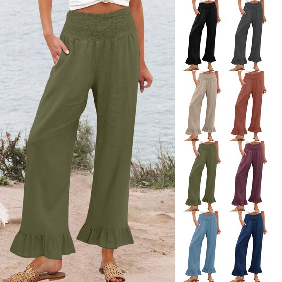 Wide Leg Palazzo Pants for Women Smocked High Waisted Ruffle Hem Polyester Summer Pants with Pockets Army Green S