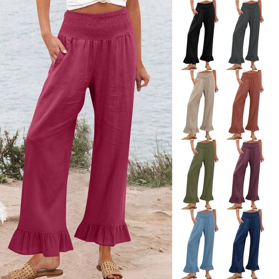 Wide Leg Palazzo Pants for Women Smocked High Waisted Ruffle Hem Polyester Summer Pants with Pockets Purple L