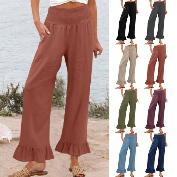 Wide Leg Palazzo Pants for Women Smocked High Waisted Ruffle Hem Polyester Summer Pants with Pockets Watermelon Red S