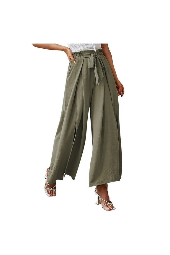 Wide Leg Palazzo Pants for Women Split Thigh High Waist Loose Flowy Dress Pants Tie Front Wrap Casual Beach Trousers