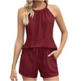 thumbnail image 1 of Wide Leg Pant Set Sleeveless Round-Neck Blouses & Shirts Sets Summer 2 Piece Sets Casual Shorts Outfits Hanging Neck Collar Sleeveless Clothes Vacation Beachwear Two Piece Sets Spring Wine s, 1 of 8