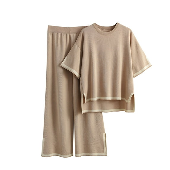 Wide Leg Pant Set Womens Sets 2 Piece Outfits Clothing Set Female Round Neck Short Sleeve Tops Pants Sets Long Pant Style S_351 Women's Tracksuits Khaki One Size