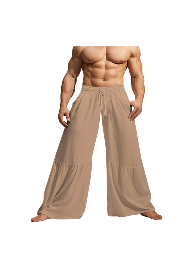 Wide Leg Pant for Men High Waisted Flowy Palazzo Linen Pants with Pocket Casual Summer Thai Yoga Pirate Harem Pants