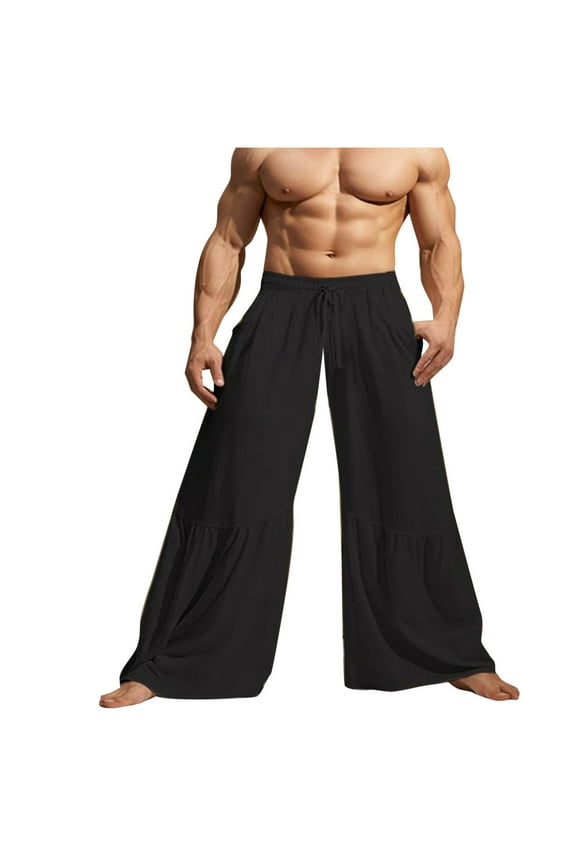 Wide Leg Pant for Men High Waisted Flowy Palazzo Linen Pants with Pocket Casual Summer Thai Yoga Pirate Harem Pants