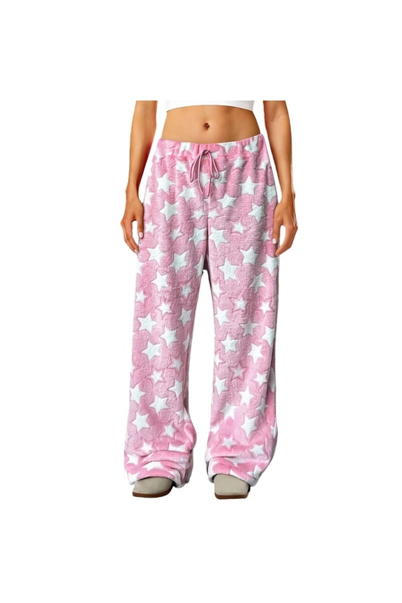 Wide Leg Pants BWASD Casual Cute Plush Star Pattern Drawstring Long Pants with Pockets Comfy Fit Loose Trousers Loungewear Home Sleepinng Wear (Light Pink,M)