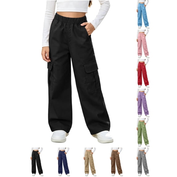 Wide Leg Pants Children's Solid Color Casual Fashionable Elastic Waist Casual Sports Workwear Pants Kids Black 14-15Years