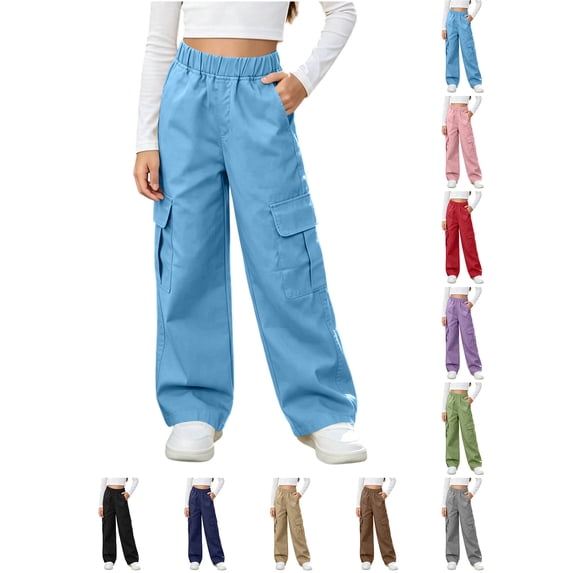 Wide Leg Pants Children's Solid Color Casual Fashionable Elastic Waist Casual Sports Workwear Pants Kids Light Blue 9-10 Years