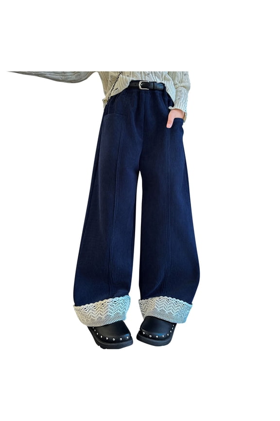 Wide Leg Pants For Girls Elastic Waist Lace Patchwork Corduroy Trousers Loose Trendy Outfits With Pockets (7-8 Years, Navy)