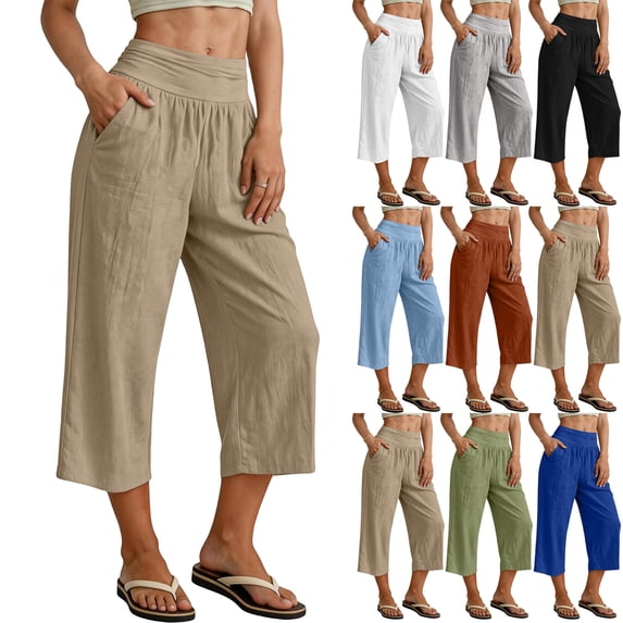 Wide Leg Pants For Women Casual Cotton Pants Solid Color Comfortable Cropped Pocketed Plus Size Palazzo Lounge Pajama Pants