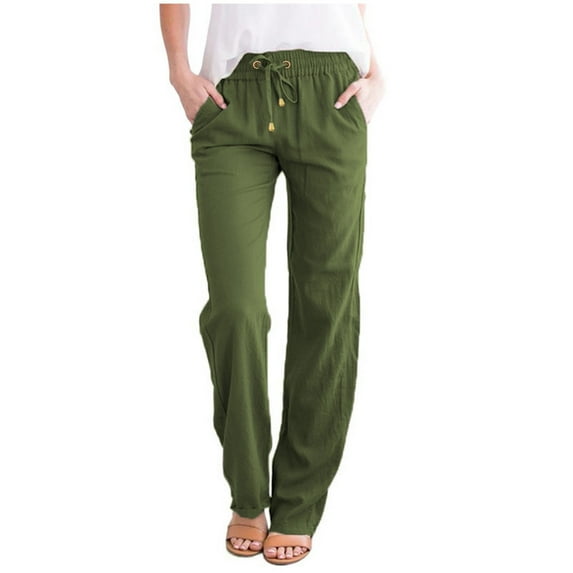 Wide Leg Pants For Women Casual Lightweight Linen Waist Cotton And Elastic Solid Drawstring Straight Pants