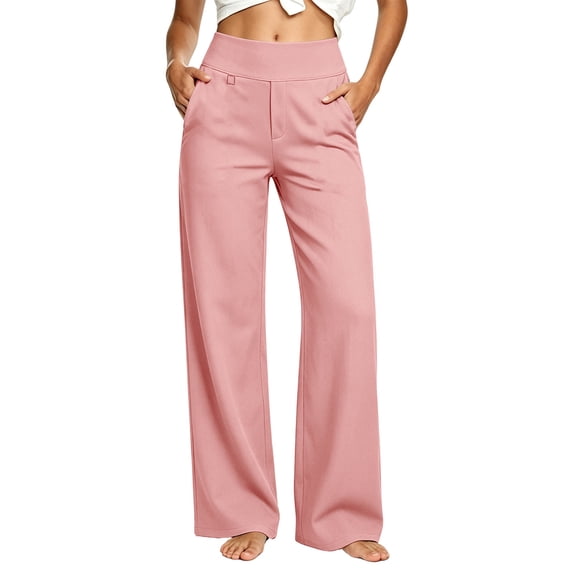 Wide Leg Pants For Women Elastic High Waisted Dress Pants with Pockets Office Casual Pink L