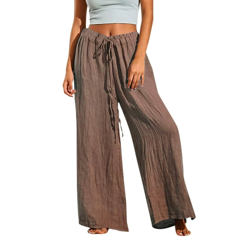 Wide Leg Pants For Women Loose Casual Drawstring High Waist Pants Solid  Color Straight Slit Trousers