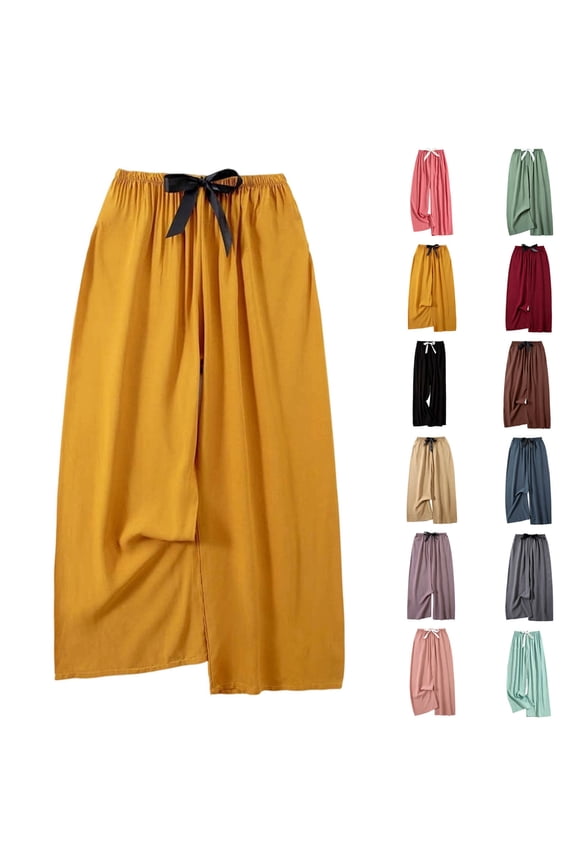 Wide Leg Pants For Womens Liweisiy Drawstring Elastic Waisted Solid Color Pajama Trousers Daily Sleep Loungewear Coffee Free Size