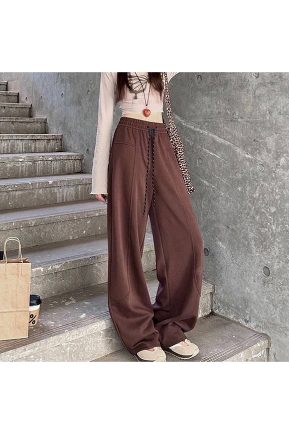 Wide Leg Pants High Waisted Drawstring Loose Trousers (M, Brown)