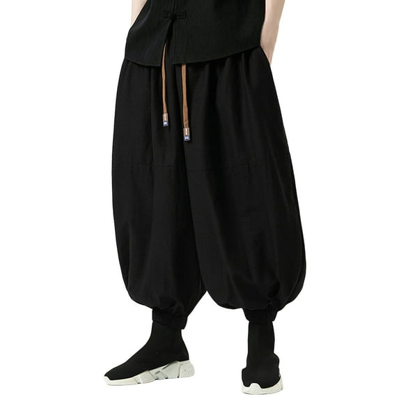 Wide-Leg Pants Male Baggy Jogger Loose Harem Pants Vintage Style Trousers Black XXXXXL