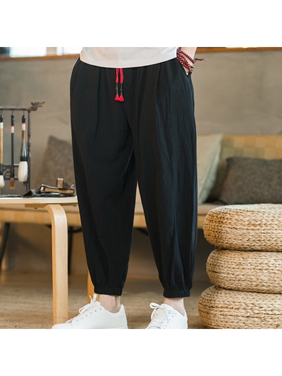 Wide Leg Pants Men's Linen Harem Drawstring Pants Japanese Casual Elastic Waist Baggy Trouser Hippie Yoga Pants Joggers Sweat Lounge Harem Pants Trousers Drop Crotch Sweatpants Trousers
