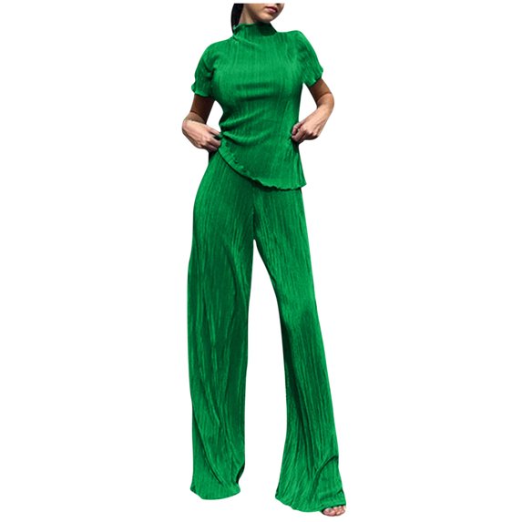 Wide Leg Pants Sets Women Ribbed 2 Piece Outfits Casual Short Sleeve Turtleneck Tops Long Pants Outfits Streetwear